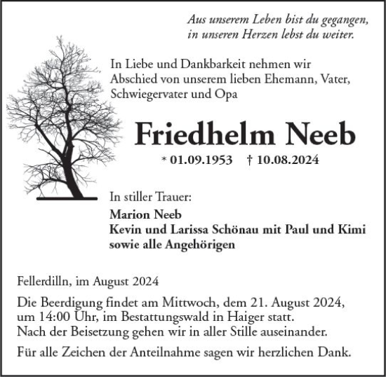 Traueranzeige von Friedhelm Neeb von Dill Block