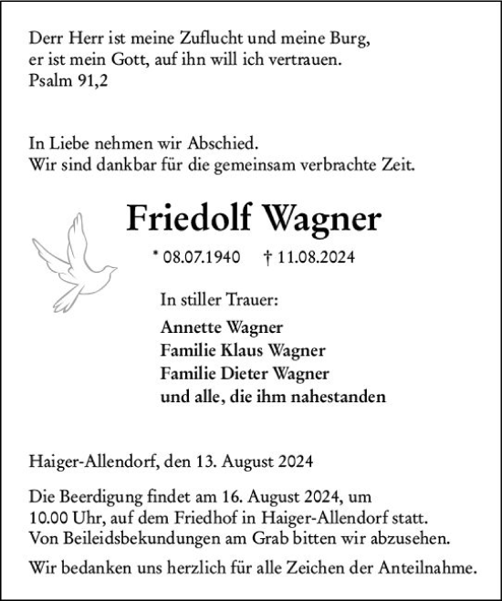 Traueranzeige von Friedolf Wagner von Dill Block