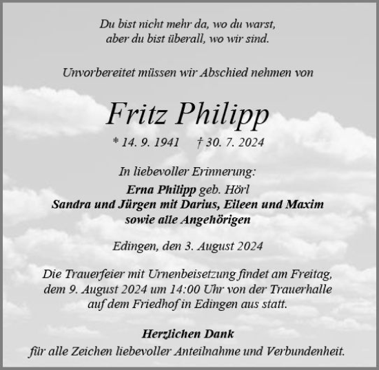 Traueranzeige von Fritz Philipp von Dill Block
