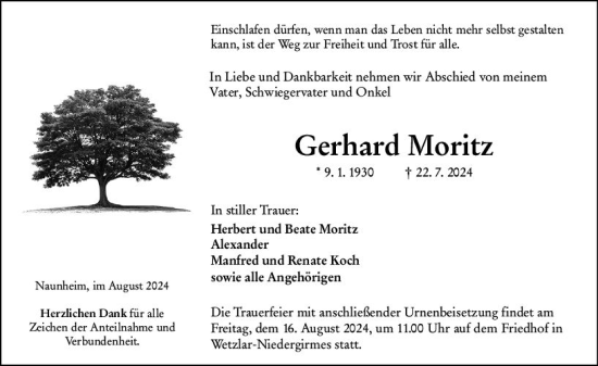 Traueranzeige von Gerhard Moritz von Wetzlarer Neue Zeitung
