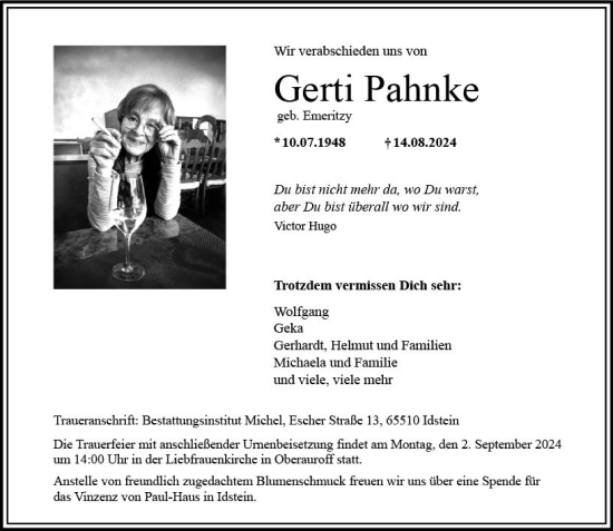 Traueranzeige von Gerti Pahnke von Idsteiner Land/Untertaunus