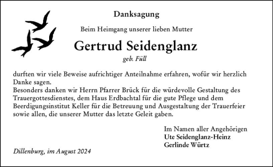 Traueranzeige von Gertrud Seidenglanz von Dill Block
