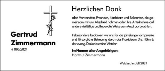 Traueranzeige von Gertrud Zimmermann von Wetzlarer Neue Zeitung