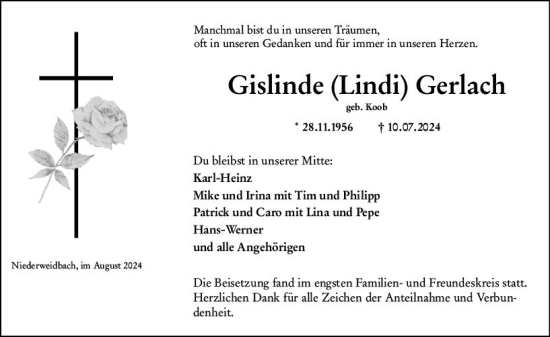 Traueranzeige von Gislinde Gerlach von Wetzlarer Neue Zeitung