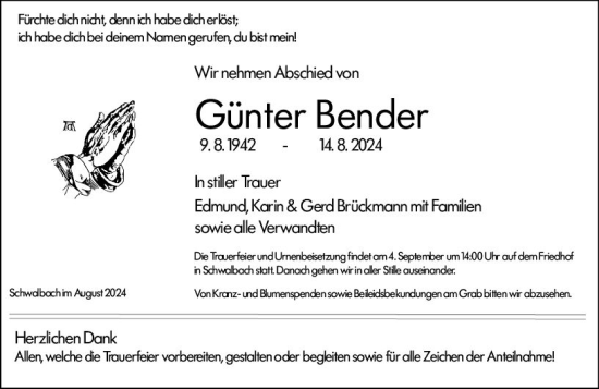 Traueranzeige von Günter Bender von Wetzlarer Neue Zeitung