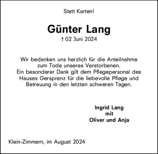Traueranzeige von Günter Lang von Dieburger Anzeiger/Groß-Zimmerner Lokal-Anzeiger