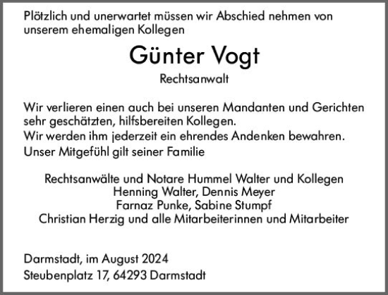 Traueranzeige von Günter Vogt von Darmstädter Echo