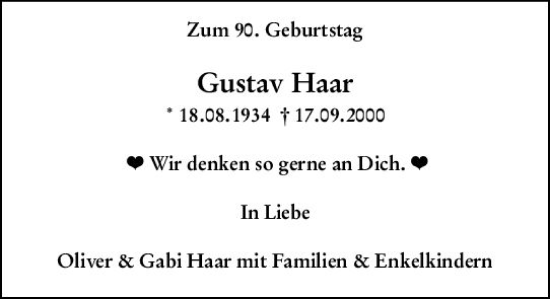 Traueranzeige von Gustav Haar von Wiesbadener Kurier