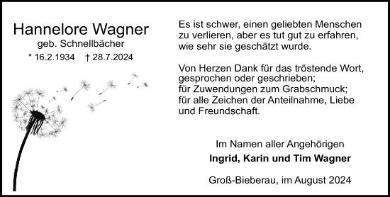Traueranzeige von Hannelore Wagner von Odenwälder Echo