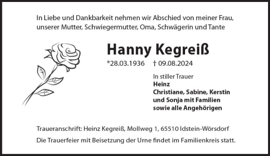 Traueranzeige von Hanny Kegreiß von Idsteiner Land/Untertaunus