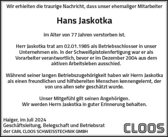 Traueranzeige von Hans Jaskotka von Dill Block