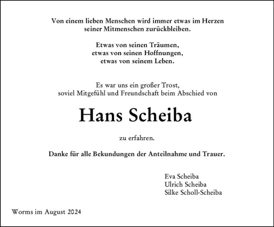Traueranzeige von Hans Scheiba von Wormser Zeitung