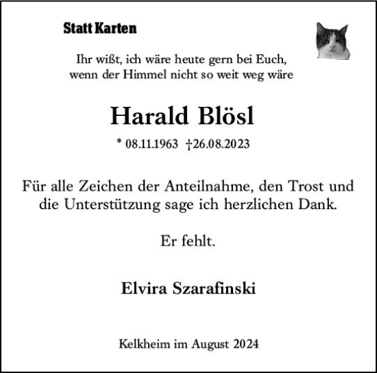 Traueranzeige von Harald Blösl von Wiesbadener Kurier