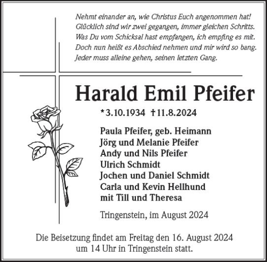 Traueranzeige von Harald Emil Pfeifer von Dill Block