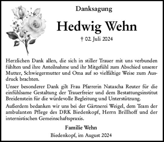 Traueranzeige von Hedwig Wehn von Hinterländer Anzeiger
