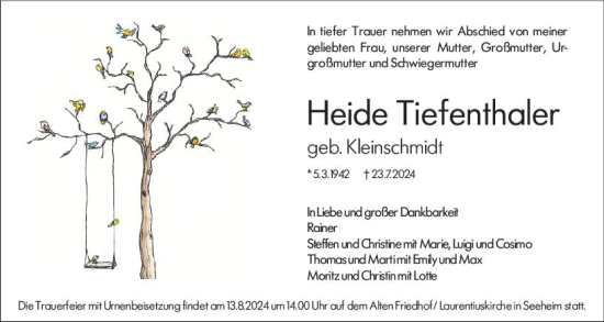 Traueranzeige von Heide Tiefenthaler von Darmstädter Echo