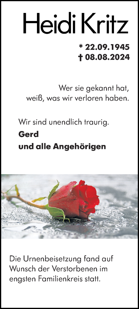 Traueranzeige von Heidi Kritz von Allgemeine Zeitung Mainz