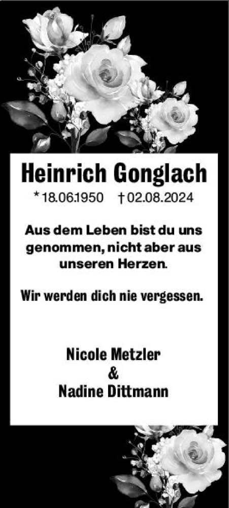 Traueranzeige von Heinrich Gonglach von Hinterländer Anzeiger
