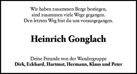Traueranzeige von Heinrich Gonglach von Hinterländer Anzeiger