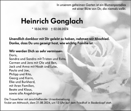 Traueranzeige von Heinrich Gonglach von Hinterländer Anzeiger