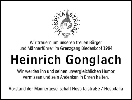 Traueranzeige von Heinrich Gonglach von Hinterländer Anzeiger