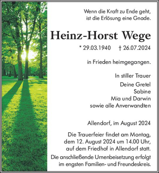 Traueranzeige von Heinz-Horst Wege von Hinterländer Anzeiger