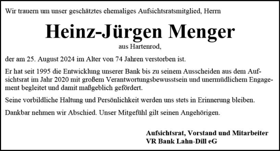 Traueranzeige von Heinz-Jürgen Menger von Hinterländer Anzeiger