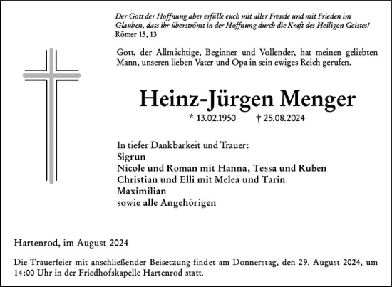 Traueranzeige von Heinz-Jürgen Menger von Hinterländer Anzeiger