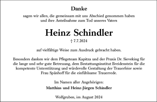 Traueranzeige von Heinz Schindler von Hinterländer Anzeiger