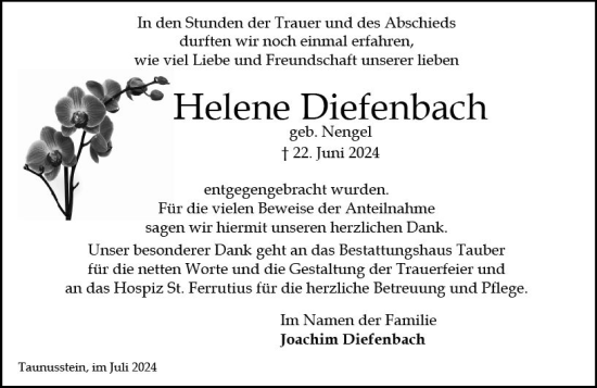 Traueranzeige von Helene Diefenbach von Wiesbadener Kurier