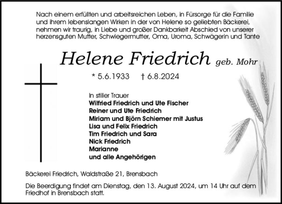 Traueranzeige von Helene Friedrich von Odenwälder Echo