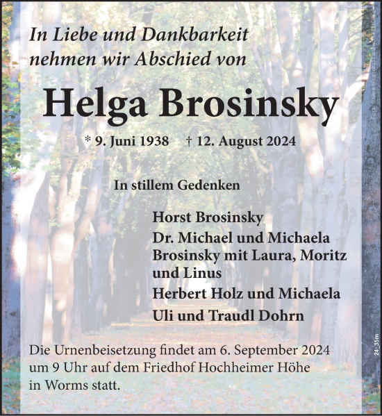 Traueranzeige von Helga Brosinsky von Wormser Zeitung