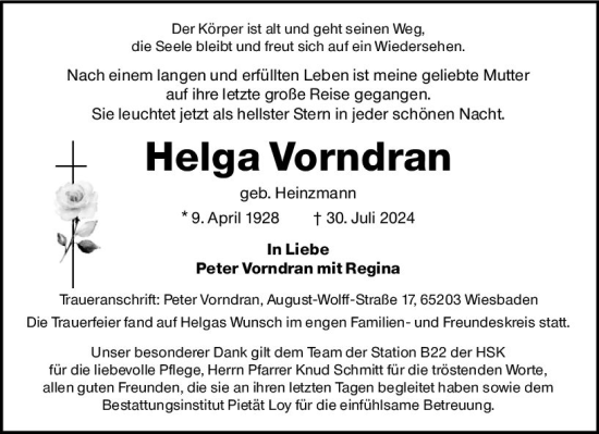 Traueranzeige von Helga Vorndran von Wiesbadener Kurier