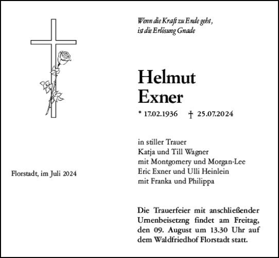 Traueranzeige von Helmut Exner von Wetzlarer Neue Zeitung