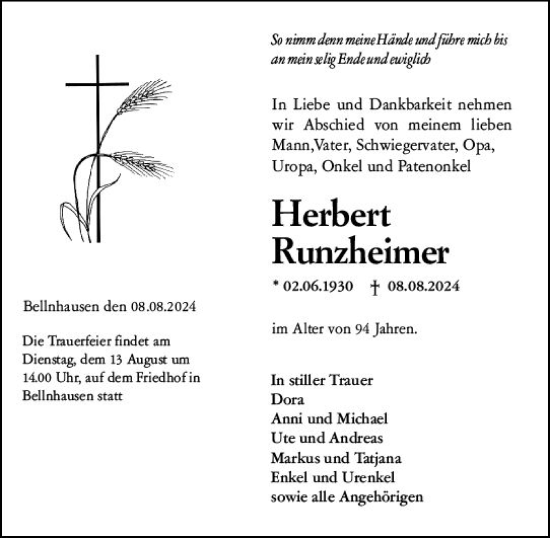 Traueranzeige von Herbert Runzheimer von Hinterländer Anzeiger