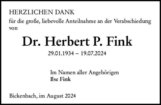Traueranzeige von Herbert P. Fink von Darmstädter Echo