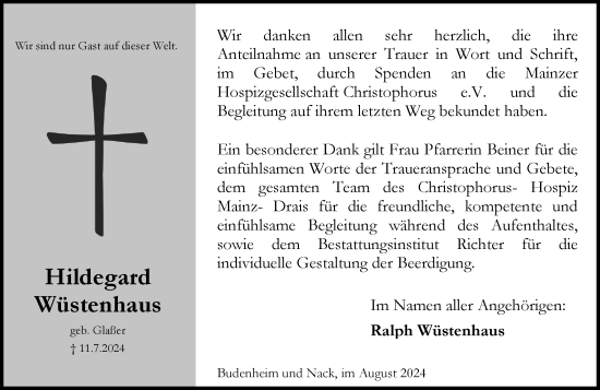 Traueranzeige von Hildegard Wüstenhaus von Allgemeine Zeitung Mainz