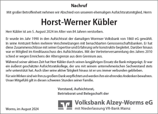Traueranzeige von Horst-Werner Kübler von Wormser Zeitung