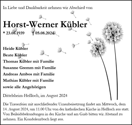 Traueranzeige von Horst-Werner Kübler von Wormser Zeitung