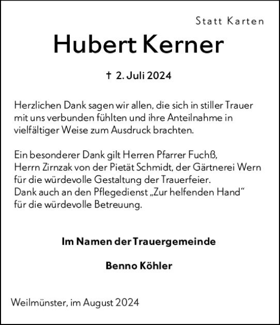 Traueranzeige von Hubert Kerner von Weilburger Tageblatt