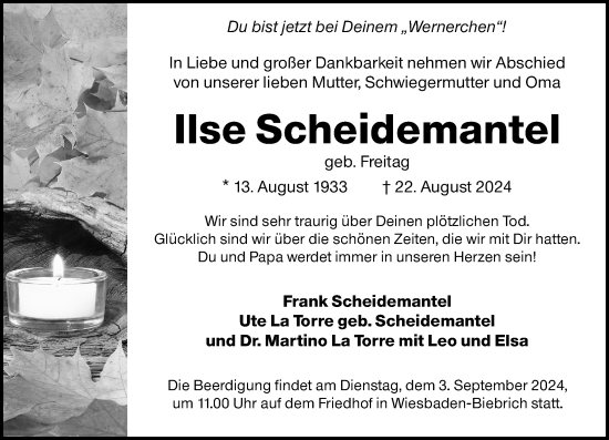Traueranzeige von Ilse Scheidemantel von Wiesbadener Kurier