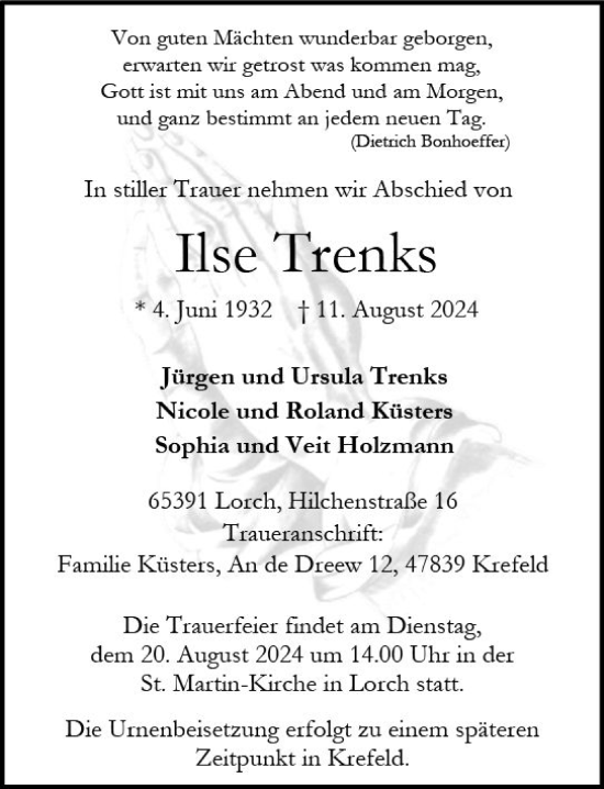 Traueranzeige von Ilse Trenks von Rheingau Kurier