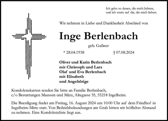 Traueranzeige von Inge Berlenbach von Allgemeine Zeitung Rheinhessen-Nahe