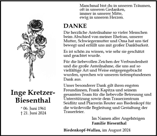 Traueranzeige von Inge Kretzer-Biesenthal von Hinterländer Anzeiger