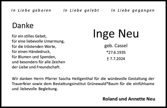 Traueranzeige von Inge Neu von Allgemeine Zeitung Mainz