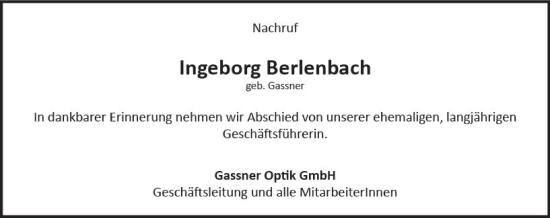 Traueranzeige von Ingeborg Berlenbach von Allgemeine Zeitung Rheinhessen-Nahe