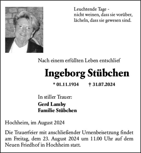 Traueranzeige von Ingeborg Stübchen von Hochheimer Zeitung