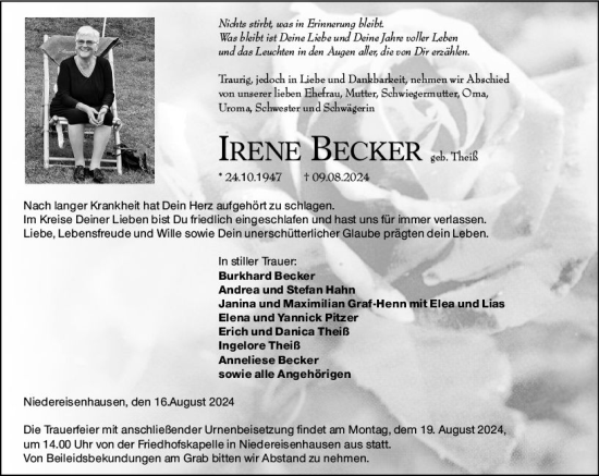 Traueranzeige von Irene Becker von Hinterländer Anzeiger