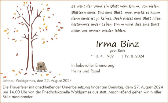 Traueranzeige von Irma Binz von Wetzlarer Neue Zeitung