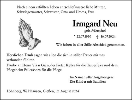 Traueranzeige von Irmgard Neu von Weilburger Tageblatt